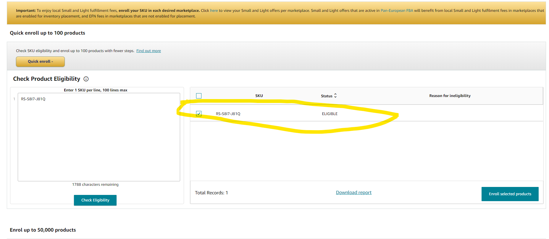 SKU Eligible for Small and Light FBA
