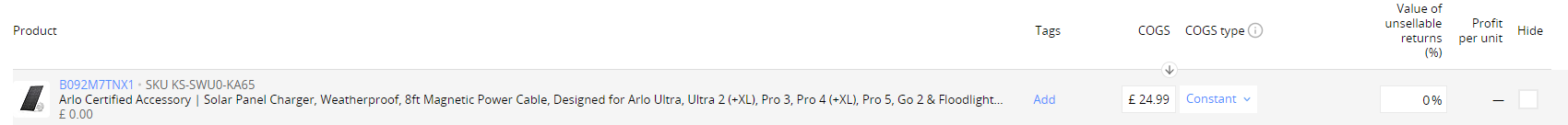 Cost of Goods Sellerboard