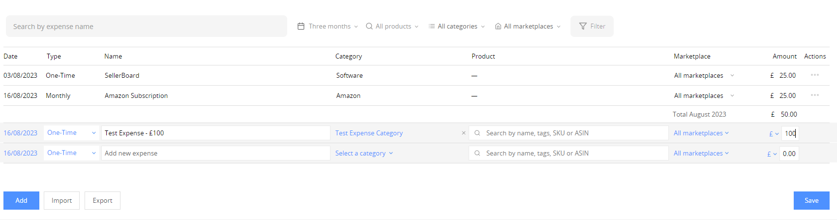 SellerBoard Expense Logging
