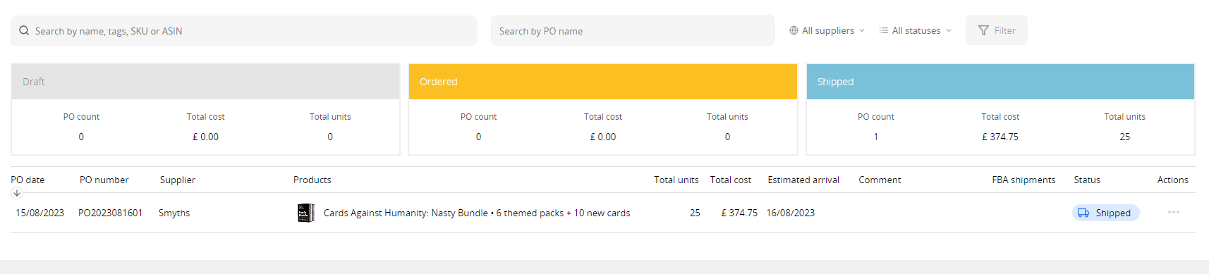 Sellerboard Purchase Orders