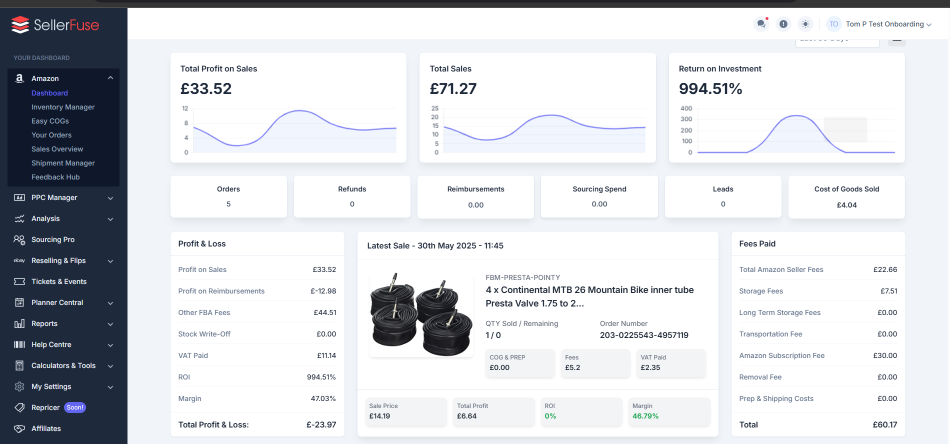 Sellerfuse FBA Toolkit Dashboard